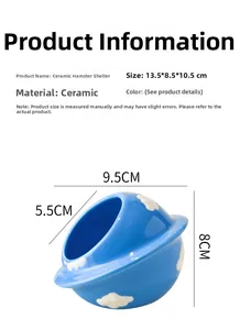 Detailed dimensions of blue ceramic hamster hideout with planet and cloud design