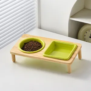 Gamelles Doubles Surélevées en Céramique Pour Animaux Avec Support en Bois De Chêne Bols Antidérapants Pour Chats Et Petits Chiens