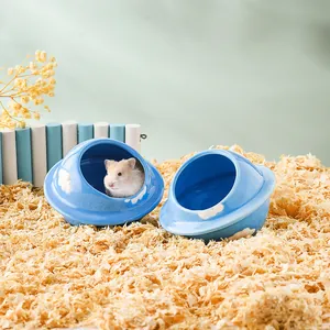 Ceramic Hamster Hideout Planet UFO Shape Cooling Nest For Small Pets Blue Cloud Pattern Hamster Bed House Accessory
