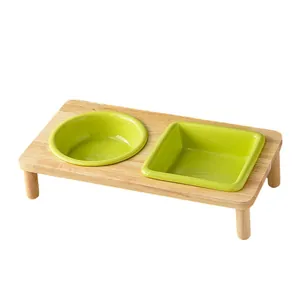 Gamelle double moderne pour animaux avec support en bois de chêne pour chats et chiens