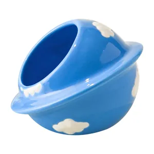 Blue planet-shaped ceramic hamster house with white clouds and side entrance hole