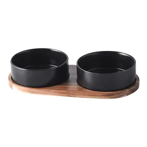 Minimalist double ceramic pet bowl set with acacia wood tray for cats and small dogs