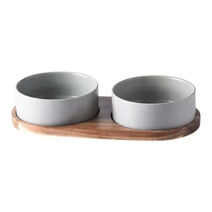 Minimalist double ceramic pet bowls with premium acacia wood tray base in grey matte finish