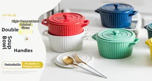 Ceramic soup bowl with lid and double handles featuring elegant vertical embossed texture