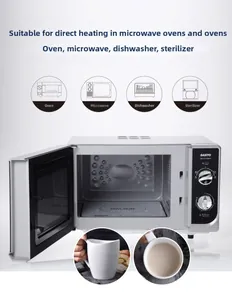 White ceramic mug shown inside a microwave to demonstrate heat-resistant material