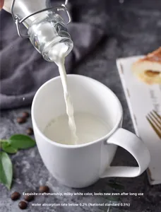 Close-up of white ceramic mug with low water absorption below 0.2 percent and handle