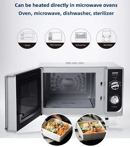 Close-up of white square ceramic dipping bowls being used in a microwave oven