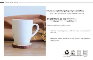 Detail view of white ceramic mug on wooden coaster with microwave and dishwasher safe icons