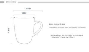 Technical drawing of a 350ml ceramic mug showing dimensions and oven safe compatibility