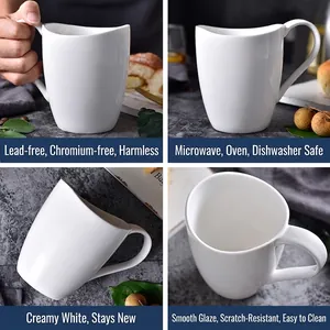 Modern white ceramic mug with asymmetric rim, safe for microwave and dishwasher