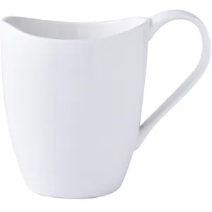Minimalist white ceramic mug with unique wavy rim and sleek circular handle on white background