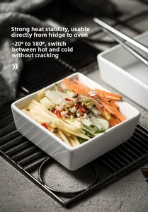 Square white ceramic ramekin on metal rack showing heat resistance from -20 to 180 degrees