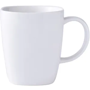 Minimalist pure white ceramic coffee mug with polished glaze and C-shaped handle