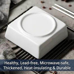 Square white ceramic sauce bowl featuring a thickened anti-slip base and smooth glazed finish