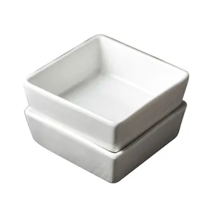 Minimalist white square ceramic seasoning bowls set of two stacked on white background