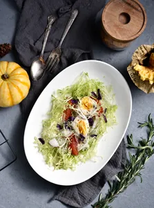 Oval white ceramic dinner plate with vegetable salad showing durable glazed surface