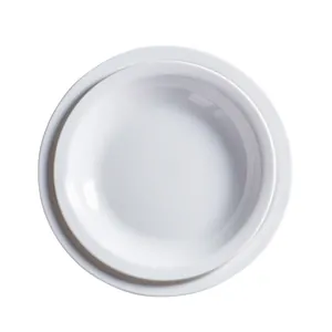 Minimalist white ceramic round plates set with glossy finish for home and hotel dining