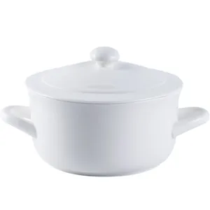 Minimalist white ceramic soup bowl with dual handles and matching lid on white background