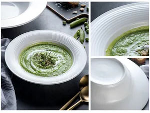 Detailed close-up of white ceramic soup bowl with elegant concentric ring textures