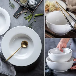 Modern White Reinforced Ceramic Dinnerware Set Ribbed Texture Bowls And Pasta Plates Microwave Safe For Home Kitchen