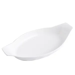 Minimalist white oval ceramic baking dish with side handles for pasta and salad serving