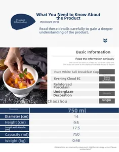 Detail specifications of 750ml white ceramic breakfast mug showing dimensions and material