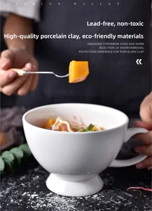 Macro shot of lead-free white ceramic pedestal mug showing a salad serving scene