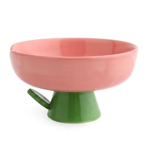 Gamelle surélevée en céramique rose avec socle vert et décor feuille pour chats