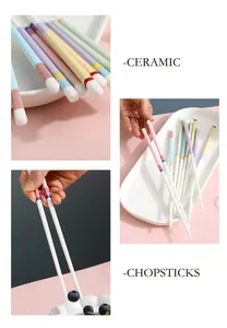 Detail of colorful ceramic chopsticks showing anti-slip tips and elegant macaron pattern