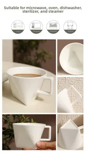 Macro shot of white geometric ceramic mug showing safe use in oven and microwave