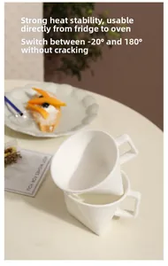 Ceramic mugs with square handles showing heat resistance from -20°C to 180°C in detail