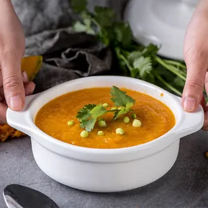 White ceramic double-handled soup bowl with lid for souffle and steaming