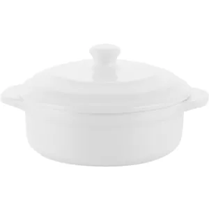 White ceramic souffle dish with lid and double handles for steaming and baking