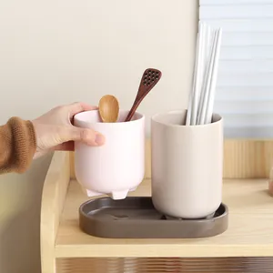 Pastel ceramic chopstick holder set with wooden tray for kitchen countertop drainage