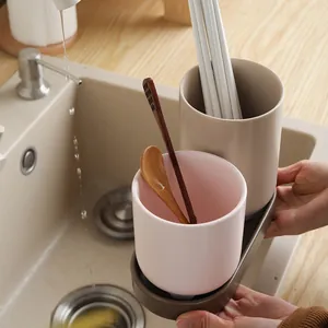 Minimalist macaron ceramic utensil holder set with drainage tray for kitchen storage