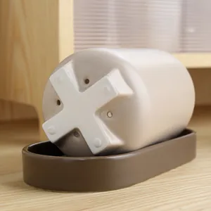 Ceramic chopstick holder with drainage holes and wooden tray for kitchen storage