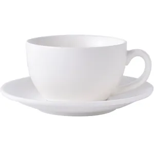 Minimalist white ceramic coffee cup and saucer set with a glossy finish for home office