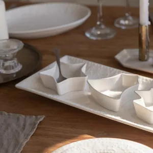 White ceramic star-shaped snack bowl set with rectangular tray for holiday table decor