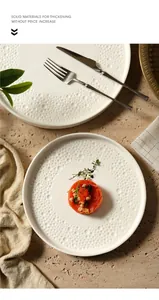 Detail of white ceramic dinner plate with textured embossed dots and premium finish