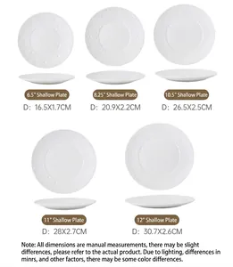 Size chart for white ceramic dinner plates with embossed bead edges in 5 different sizes
