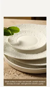 Close-up of embossed white ceramic dinner plate with textured dots and glossy glaze