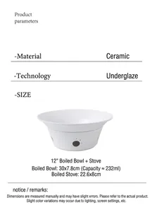 Detailed view of 12-inch ceramic bowl with a hollowed heating base for keeping food warm