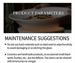 Close-up of handmade white ceramic bowl set with maintenance and care instructions