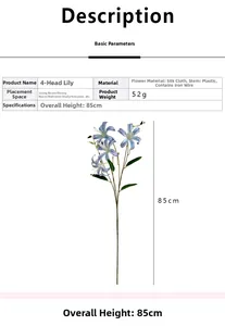 Detailed view of 85cm blue 4-head lily artificial flower size specifications and material