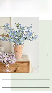 Detailed view of lifelike blue and purple 3D lilies in a vintage ceramic vase