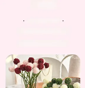 Close-up of decorative artificial chestnut ball flowers in assorted colors with long stems
