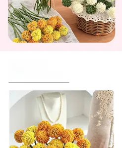 Detail of yellow craspedia artificial flowers in a woven basket for home decor