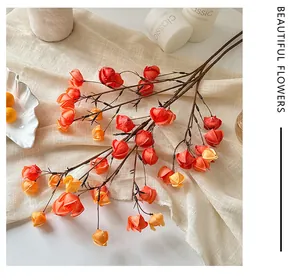 Dettaglio ravvicinato di rami di fiori di lanterna artificiali arancioni su tela beige
