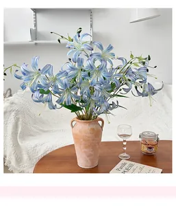 Detail of 3D lifelike blue lily bouquet in a vintage ceramic vase for home decor
