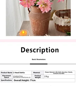 Macro detail of 71cm pink artificial dahlia flower with silk fabric and flexible stem
